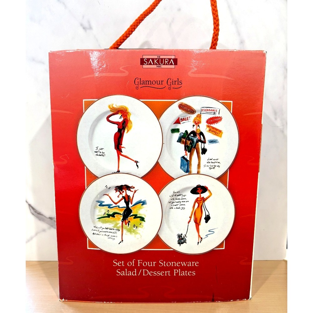 Vintage Sakura Glamour Girls Stoneware Salad Dessert Plates Set of 4 Boxed